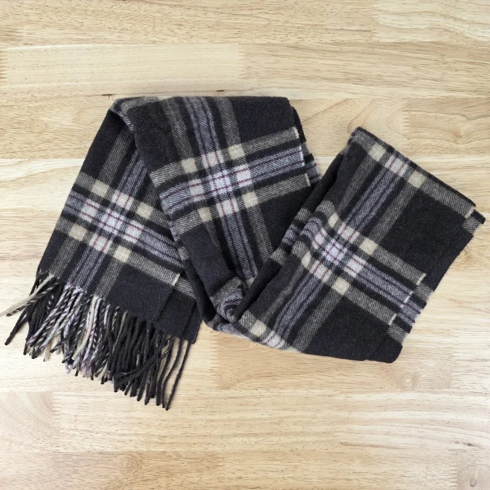 Jos A Bank Cashmere Scarf Brown Plaid Fringe 60"x12" - Picture 1 of 4